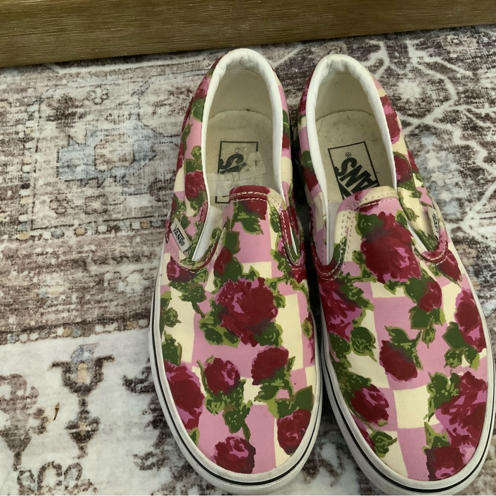 Vans Pink and Green Floral Slip-Ons